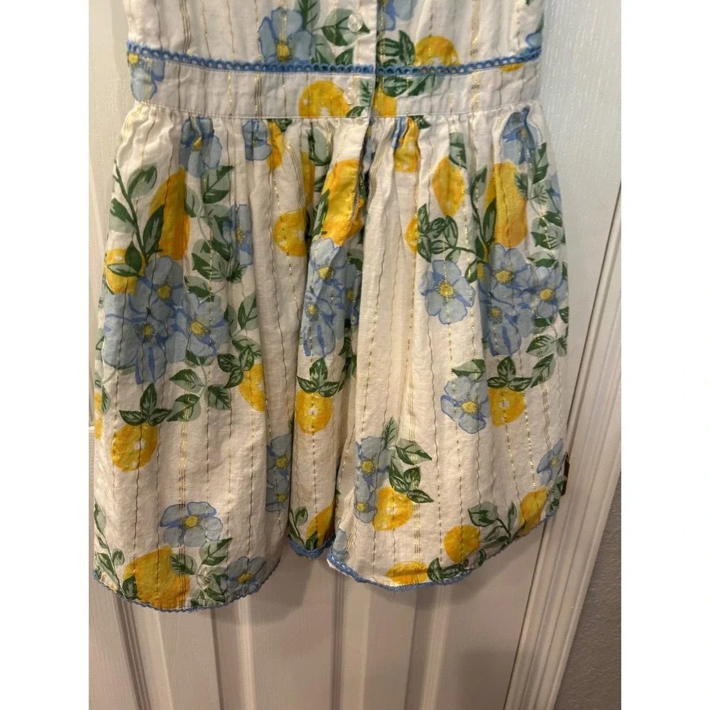 Rachel Zoe Dress White Lemon Floral Gold Metallic‎ Stripe Flutter Sleeve Bin A